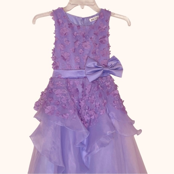 Girls Lilac 3D Floral Lace & Tulle Gown w/ Satin Bow NINJXD Pageant Dress - Picture 3 of 16